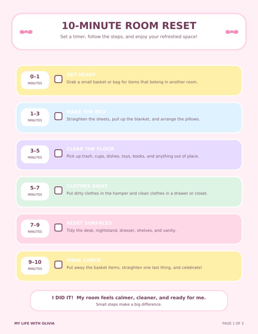 Preview of the colorful 10-Minute Room Reset checklist