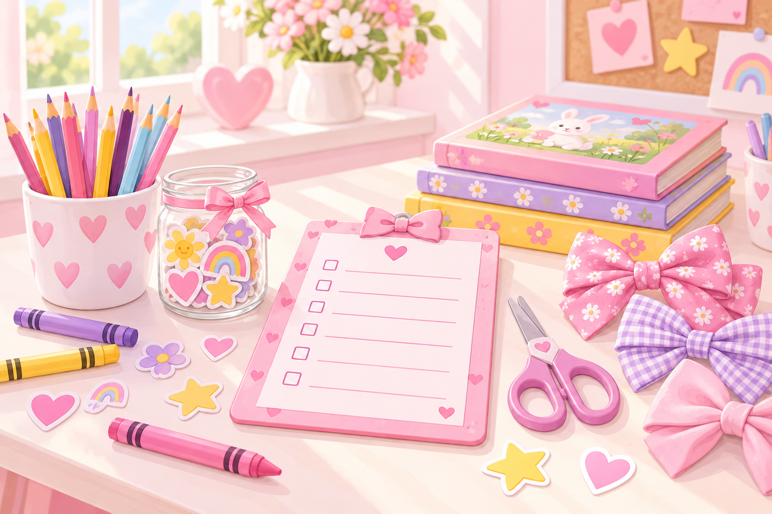 A cheerful light-pink craft table with a checklist, crayons, books, stickers, and bows